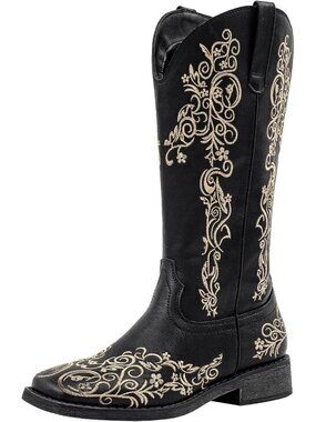 Women's Black Square Toe Floral Embroidered Wide Calf Cowgirl Western Boots